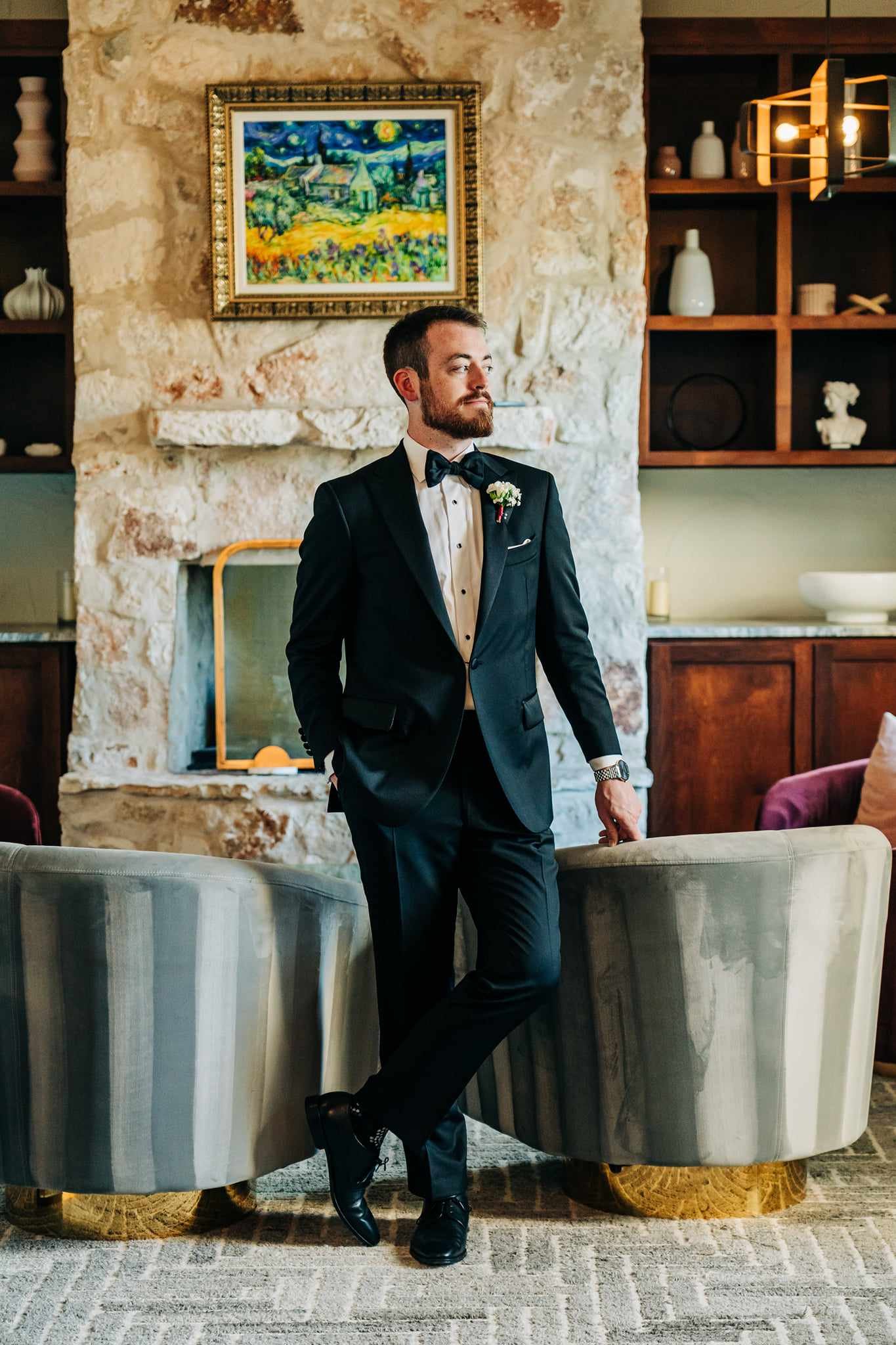 Groom in a custom Sorek tuxedo and bow tie.