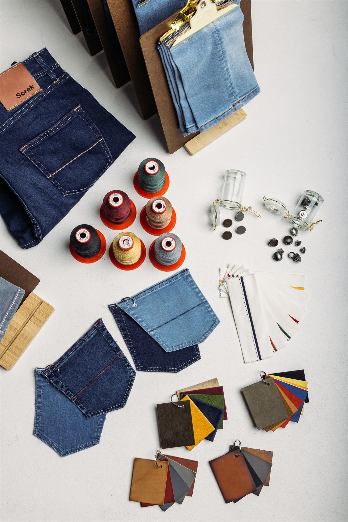 Fabric swatches and materials used to build a Sorek custom garment